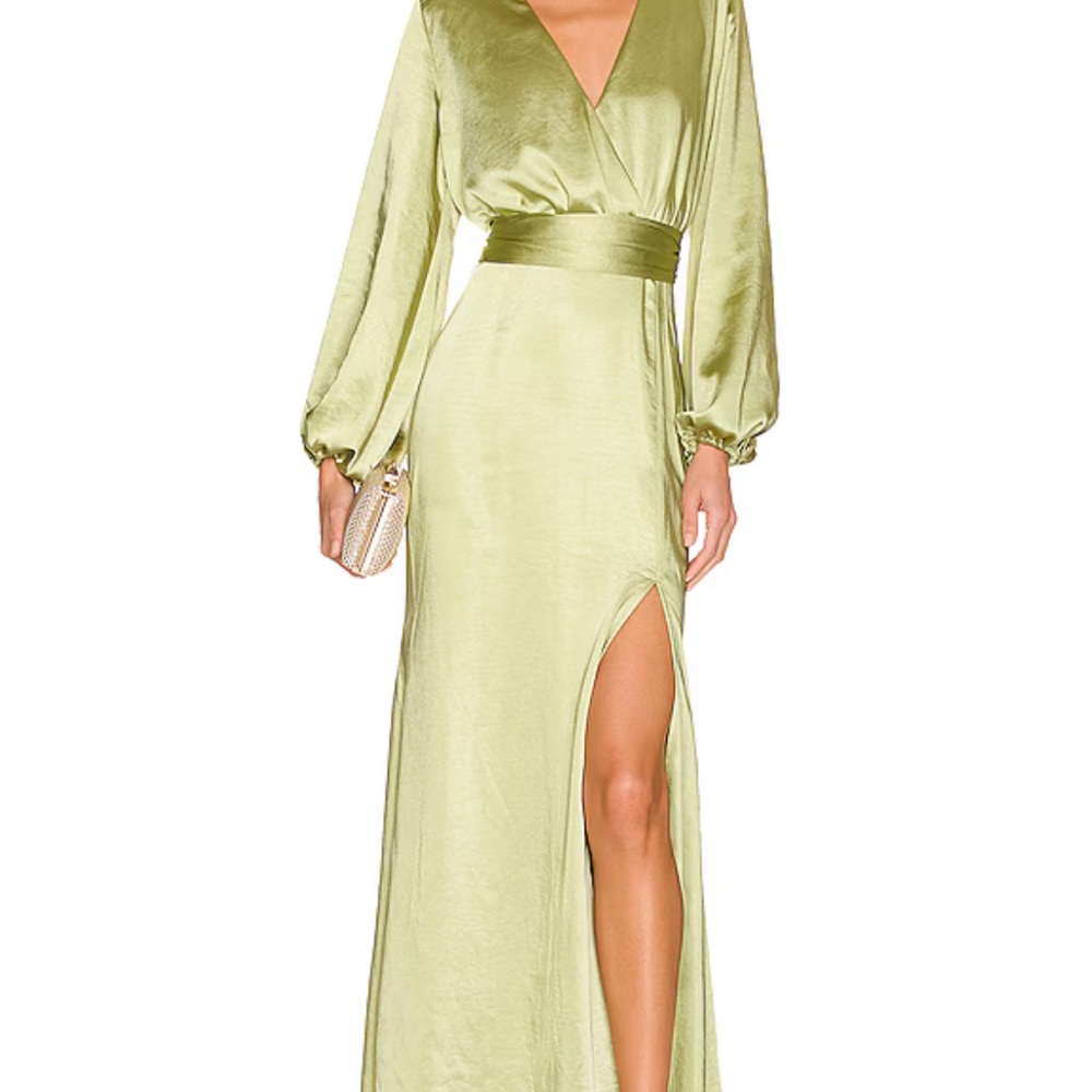 Elliatt Light Green Satin V-Neck Long Sleeve Maxi Dress with Side Slit
